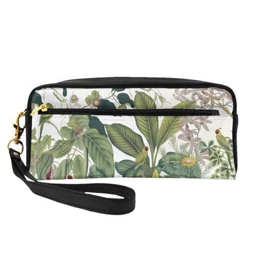 Wiederverwendbare Kosmetiktasche – Reise-Kulturbeutel, vollständiges Design, tropisches Blumenblatt, Papageien-Druck, Ledertasche für Damen, schwarz, Einheitsgröße von JaoXer
