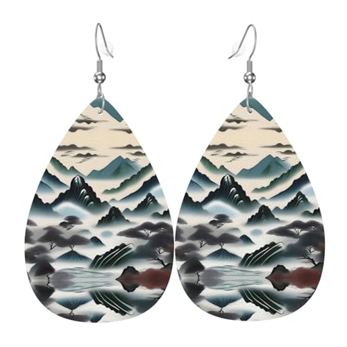 Wolken und Berge Druck Leder Ohrringe für Frauen - baumelnde Tropfenohrringe, perfekt für Partys und Kostümzubehör, Einheitsgröße, Leder, kein Edelstein von JaoXer