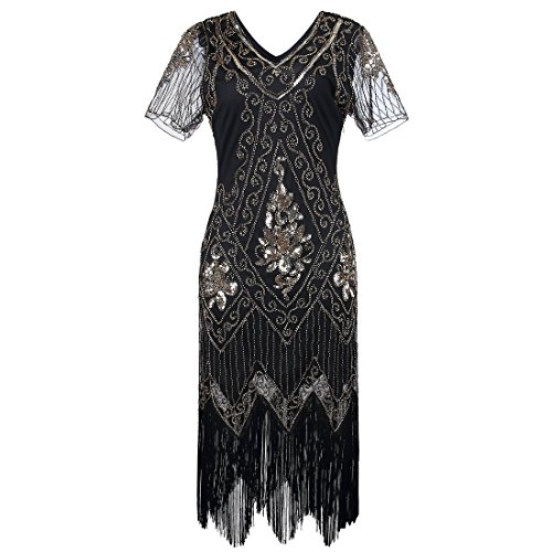 Gatsby elegantes Flapper-Kleid mit Ärmeln für Damen im Stil der 1920er-Jahre, Vintage, mit Pailletten, Fransen, Perlen, Art déco, Kostüm für Partys und Bälle Gr. XXL, schwarz / goldfarben von JaosWish