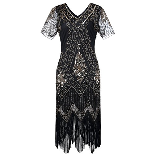 Gatsby elegantes Flapper-Kleid mit Ärmeln für Damen im Stil der 1920er-Jahre, Vintage, mit Pailletten, Fransen, Perlen, Art déco, Kostüm für Partys und Bälle Gr. XXXL, schwarz / goldfarben von JaosWish