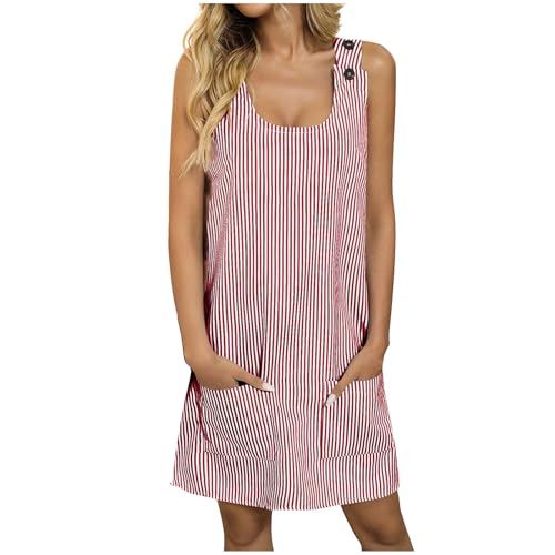 Damen Latzrock Quadratischer Ausschnitt Träger Knöpfe Latzkleid Overallkleid Gestreiftes Freizeitkleid mit Taschen Mini Kleid (Rot, M) von Jaoxiuozi