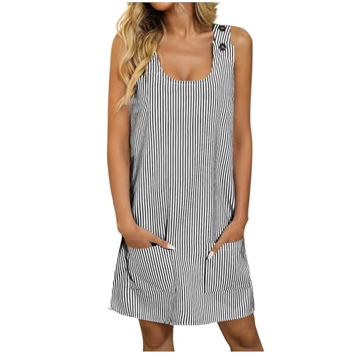 Damen Latzrock Quadratischer Ausschnitt Träger Knöpfe Latzkleid Overallkleid Gestreiftes Freizeitkleid mit Taschen Mini Kleid (Schwarz, L) von Jaoxiuozi