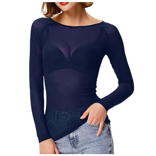 Damen Sexy Netzoberteil Transparent Netz Oberteil Langarmshirt Casual Tops Sheer Bluse Tüll Mesh Shirt Tunika Clubwear Party (Blau, M) von Jaoxiuozi