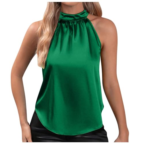 Damen Sommer Neckholder Tank Top Ärmellos Oberteile Elegant Rundhals Schulterfrei Shirt Locker T Shirt Tops Sexy Vest Bluse (Green, S) von Jaoxiuozi