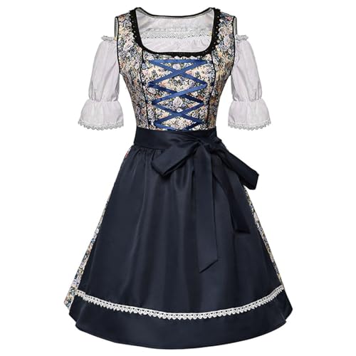 Jaoxiuozi Damen Knielang Dirndl Trachtenkleid Spitze Blumendrucken Dirndlschürze für Cosplay Oktoberfest Karneval Besondere Anlässe (Dark Blue, L) von Jaoxiuozi