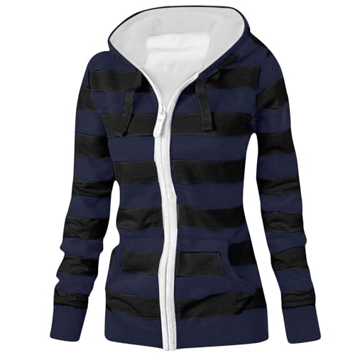 Jaoxiuozi Damen Langarm Kapuzenjacke Sweatjacke Oversize Reißverschluss Fleece Sweatshirt Streifen Zipper Hoodie Jacken Kapuzenpullover (Navy, XL) von Jaoxiuozi