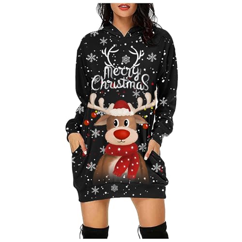 Jaoxiuozi Damen Weihnachtspullover Hoodie Langarm Kapuzenpullover Tops Mini Pullover Kleid Weihnachtskleid Weihnachten Blusenkleider (Schwarz, XXL) von Jaoxiuozi