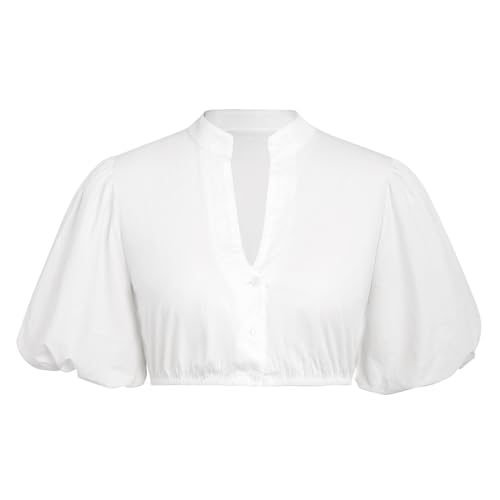 Jaoxiuozi Dirndl Bluse Damen V Ausschnitt Hemd mit Puff Ärmeln Traditionelle Bierbekleidung Elegante Dirndlbluse Kurzarm Trachtenbluse (Weiß, M) von Jaoxiuozi