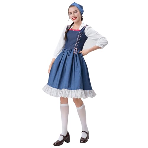 Jaoxiuozi Dirndl Damen Midi Kleid Kurz Dirndlkleid Dirndlbluse Trachtenkleid Trachtenmode für Oktoberfest Karneval Besondere Anlässe (Blau, XXL) von Jaoxiuozi