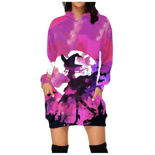 Jaoxiuozi Halloween Kapuzenpullover Sweatshirt Damen Langarm Sweatkleid Pulloverkleid Fall Sweatshirtkleid Hoodie Kleid Lässiges Tops (Rosa, XXL) von Jaoxiuozi
