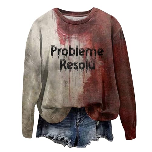 Jaoxiuozi Halloween Sweatshirts Damen Langarm Pullover Langarm Rundhals Bluse mit Blutigem Aufdruck Oversize Problem Gelöst Sweatshirt (Grau, XL) von Jaoxiuozi