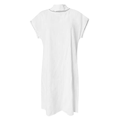 Sommerkleid Damen Leinen Kleider Casual Hochgeschlossen mit Spitze Midikleid Kurzarm A-Linie Kleid Strandkleid Freizeitkleid (Weiß, XL) von Jaoxiuozi