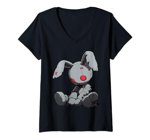 Damen Dead Bunny Doll Goth Cute E-Girl Gothic Outfit Grunge T-Shirt mit V-Ausschnitt Damen Dead Bunny Doll Goth Cute E-Girl Gothic Outfit Grunge T-Shirt mit V-Ausschnitt von Japan Aesthethic Japanese Otaku Edgy Streetwear