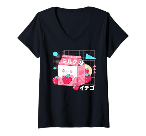 Damen Retro 90er Japanischer Karton Kawaii Erdbeermilch T-Shirt mit V-Ausschnitt von Japan Anime Tokyo Milk Club