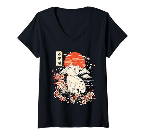 Damen Japanische Samurai Katze Kirschblüten Baum japanischer Berg T-Shirt mit V-Ausschnitt Damen Japanische Samurai Katze Kirschblüten Baum japanischer Berg T-Shirt mit V-Ausschnitt von Japan Art Anime Kultur