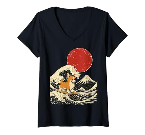 Damen Corgi Surfen Japanisch T-Shirt mit V-Ausschnitt Damen Corgi Surfen Japanisch T-Shirt mit V-Ausschnitt von Japan Corgi Surfen Kawaii Anime Große Welle