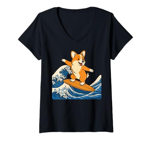 Damen Corgi Surfen Japanisch T-Shirt mit V-Ausschnitt von Japan Corgi Surfen Kawaii Anime Große Welle