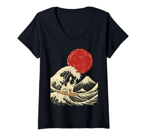 Damen Französische Bulldogge Surfen Japanisch T-Shirt mit V-Ausschnitt von Japan Frenchie Surfer Kawaii Anime