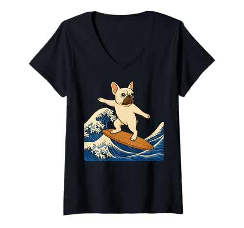 Damen Französische Bulldogge Surfen Japanisch T-Shirt mit V-Ausschnitt von Japan Frenchie Surfer Kawaii Anime