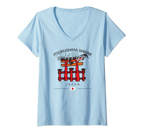 Damen Itsukushima Schrein Japan Miyajima Island Japanische Flagge GPS T-Shirt mit V-Ausschnitt von Japan Itsukushima Shrine Travel Souvenirs