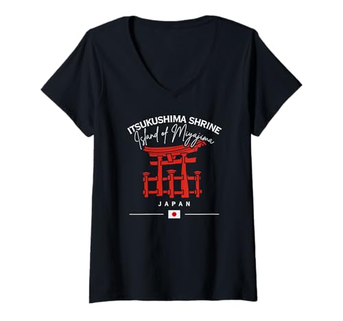 Damen Itsukushima Schrein Japan Miyajima Island Japanische Flagge T-Shirt mit V-Ausschnitt von Japan Itsukushima Shrine Travel Souvenirs