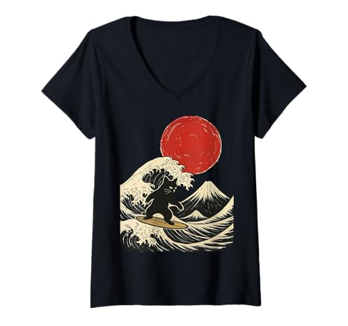 Damen Katze Surfen Japanisch T-Shirt mit V-Ausschnitt Damen Katze Surfen Japanisch T-Shirt mit V-Ausschnitt von Japan Katze Surfen Große Welle Anime Kawaii