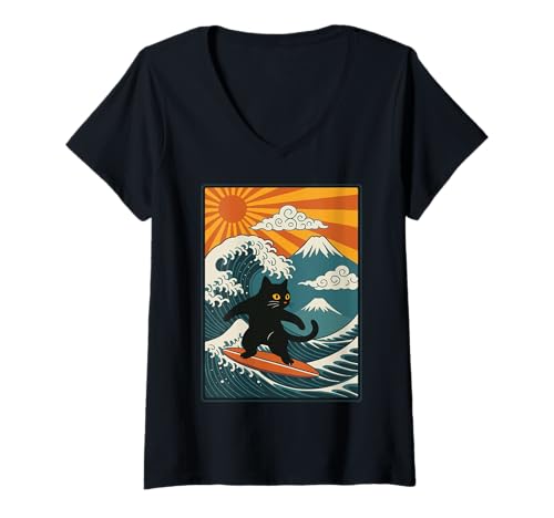 Damen Katze Surfen Japanisch T-Shirt mit V-Ausschnitt Damen Katze Surfen Japanisch T-Shirt mit V-Ausschnitt von Japan Katze Surfen Große Welle Anime Kawaii