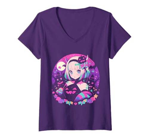 Damen Anime Mädchen im Hexen Kostüm Manga T-Shirt mit V-Ausschnitt Damen Anime Mädchen im Hexen Kostüm Manga T-Shirt mit V-Ausschnitt von Japan Manga Hexen Kleidung