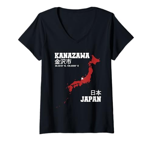 Damen Japan — Kanazawa T-Shirt mit V-Ausschnitt Damen Japan — Kanazawa T-Shirt mit V-Ausschnitt von Japan Map - Japan Towns and Cities