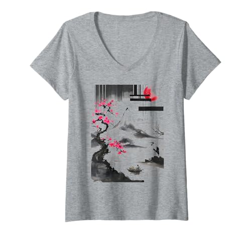 Damen Japanischer Kunstbaum roter Mond mit Vögeln im Hintergrund fliegen T-Shirt mit V-Ausschnitt Damen Japanischer Kunstbaum roter Mond mit Vögeln im Hintergrund fliegen T-Shirt mit V-Ausschnitt von Japan Map tee Culture Calligraphy Cherry Blossoms