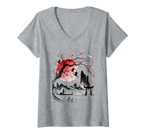 Damen Japanese Tree Red Moon With Birds Flying in background T-Shirt mit V-Ausschnitt Damen Japanese Tree Red Moon With Birds Flying in background T-Shirt mit V-Ausschnitt von Japan Map tee Culture calligraphy Cherry Blossoms