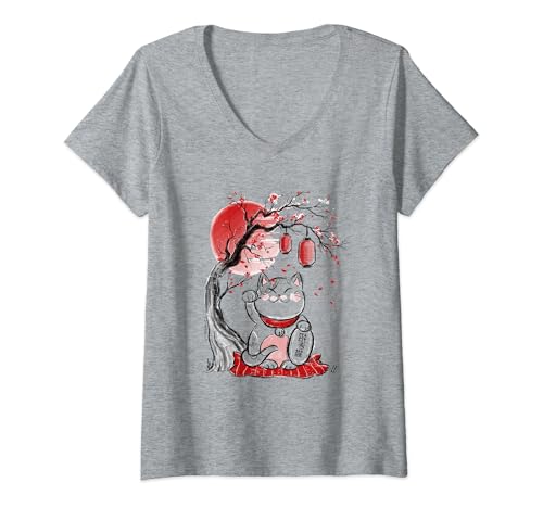 Damen maneki neko glückskatze winkender arm rot mond winkende katze T-Shirt mit V-Ausschnitt Damen maneki neko glückskatze winkender arm rot mond winkende katze T-Shirt mit V-Ausschnitt von Japan Map tee Culture calligraphy Cherry Blossoms