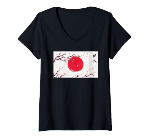 Damen Ästhetische japanische Sakura T-Shirt mit V-Ausschnitt von Japan Novelty Apparel
