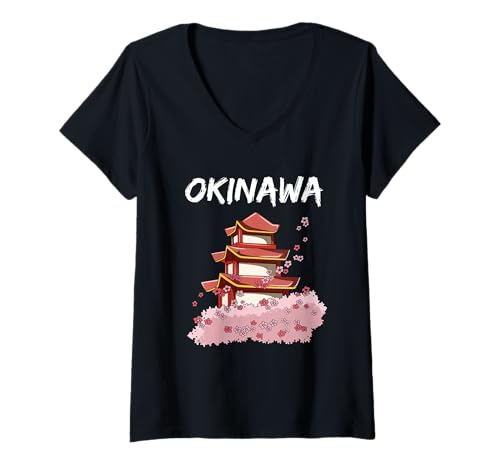 Damen Tempel Okinawa Japan Kultur T-Shirt mit V-Ausschnitt von Japan Okinawa Geschenk für Frauen