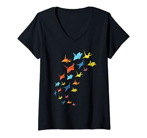 Damen Bunter Papier Kranich Japanische Faltkunst Origami T-Shirt mit V-Ausschnitt von Japan Origami Kranich Faltkunst Geschenkidee