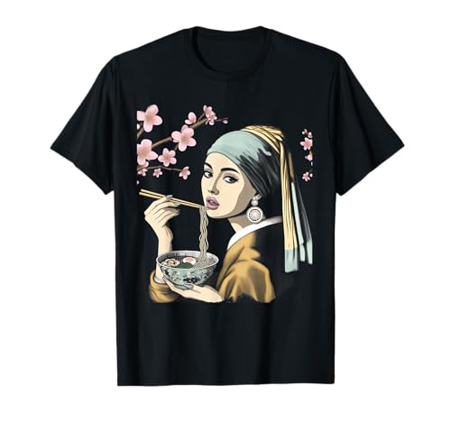 Lustiges japanisches Ramen isst Mädchen mit Perlenohrring T-Shirt von Japan Ramen Art Girl
