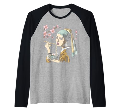 Lustiges Japanisches Ramen isst Mädchen mit Perlenohrring Raglan von Japan Ramen Art Girl