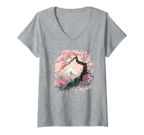 Damen Japanische Sakura Garden Geisha Mount Fuji Kirschblüte T-Shirt mit V-Ausschnitt von Japan Sakura Cherry Blossoms Hanami Men Women Kids