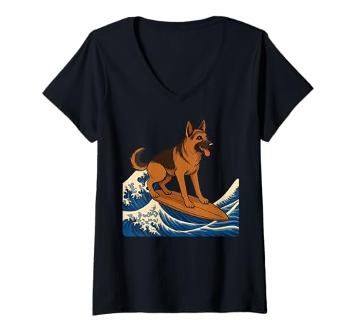 Damen Deutsch Schäfer Surfen Japanisch Große Welle Kawaii T-Shirt mit V-Ausschnitt Damen Deutsch Schäfer Surfen Japanisch Große Welle Kawaii T-Shirt mit V-Ausschnitt von Japan Surfen Deutscher Schäferhund Malinois Anime