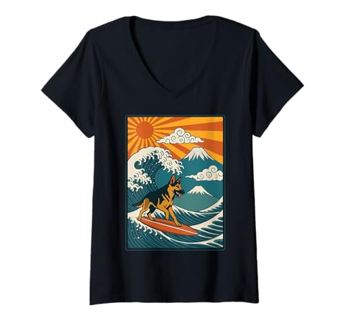 Damen Deutsch Schäfer Surfen Japanisch Große Welle Kawaii T-Shirt mit V-Ausschnitt von Japan Surfen Deutscher Schäferhund Malinois Anime