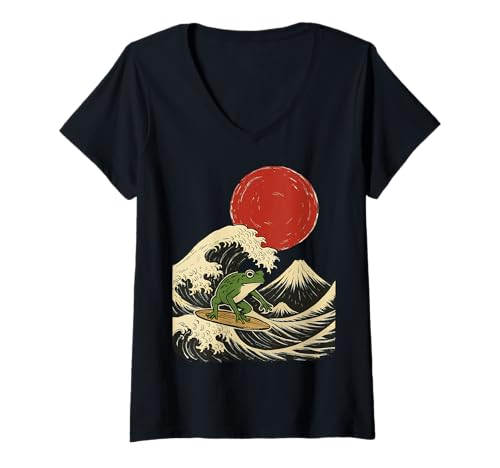 Damen Frosch Surfen Japanisch T-Shirt mit V-Ausschnitt Damen Frosch Surfen Japanisch T-Shirt mit V-Ausschnitt von Japan Surfen Frosch Kawaii Anime Große Welle
