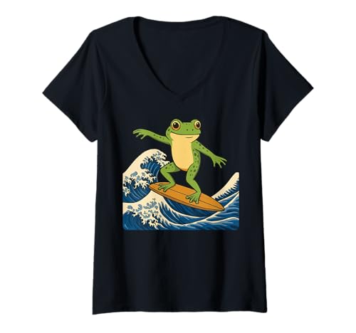 Damen Frosch Surfen Japanisch T-Shirt mit V-Ausschnitt von Japan Surfen Frosch Kawaii Anime Große Welle