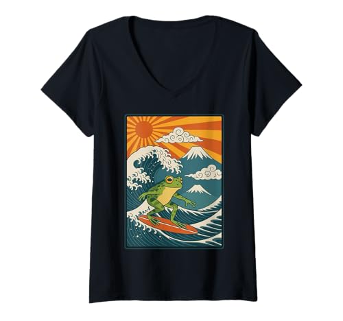Damen Frosch Surfen Japanisch T-Shirt mit V-Ausschnitt von Japan Surfen Frosch Kawaii Anime Große Welle