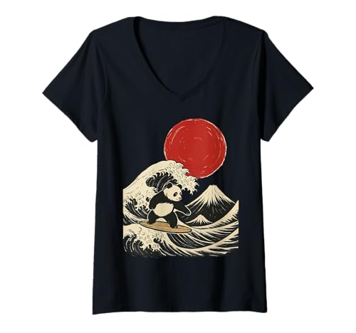Damen Panda Surfen Japanisch T-Shirt mit V-Ausschnitt von Japan Surfen Panda Kawaii Anime Große Welle