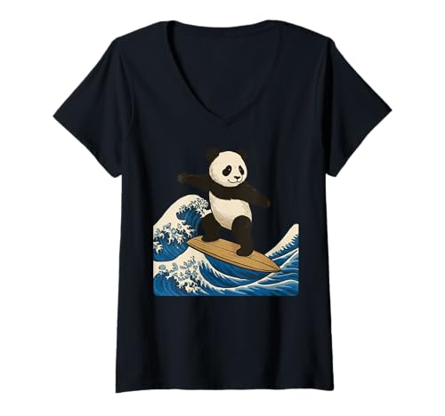 Damen Panda Surfen Japanisch T-Shirt mit V-Ausschnitt von Japan Surfen Panda Kawaii Anime Große Welle
