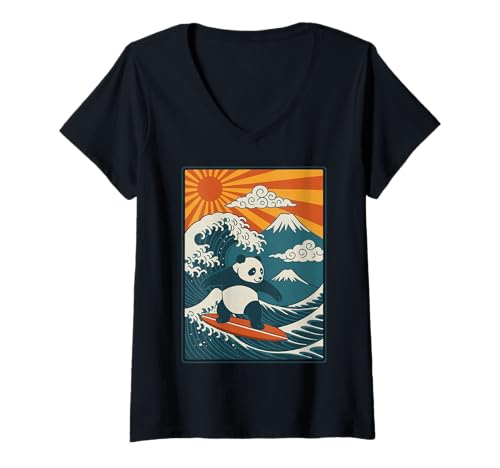 Damen Panda Surfen Japanisch T-Shirt mit V-Ausschnitt von Japan Surfen Panda Kawaii Anime Große Welle