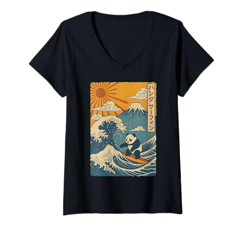 Damen Panda Surfen Japanisch T-Shirt mit V-Ausschnitt von Japan Surfen Panda Kawaii Anime Große Welle