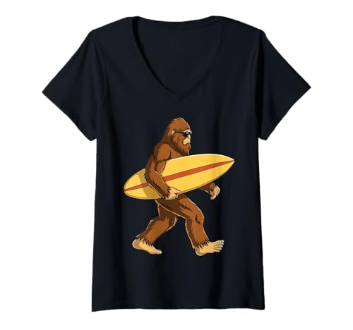 Damen Bigfoot Surfen Japanisch T-Shirt mit V-Ausschnitt Damen Bigfoot Surfen Japanisch T-Shirt mit V-Ausschnitt von Japan Surfen Sasquatch Große Welle Anime Kawaii