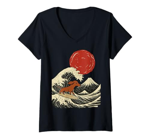 Damen Dackel Surfen Japanisch Große Welle T-Shirt mit V-Ausschnitt von Japan Surfer Dackel Welle Kawaii Anime