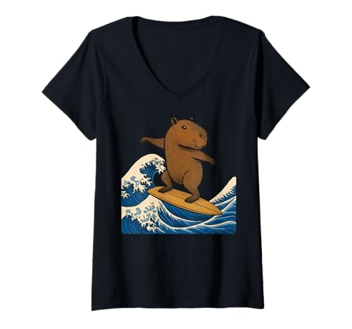 Damen Wasserschwein Surfen Japanisch Kawaii T-Shirt mit V-Ausschnitt Damen Wasserschwein Surfen Japanisch Kawaii T-Shirt mit V-Ausschnitt von Japan Wasserschwein Surfen Große Welle Anime